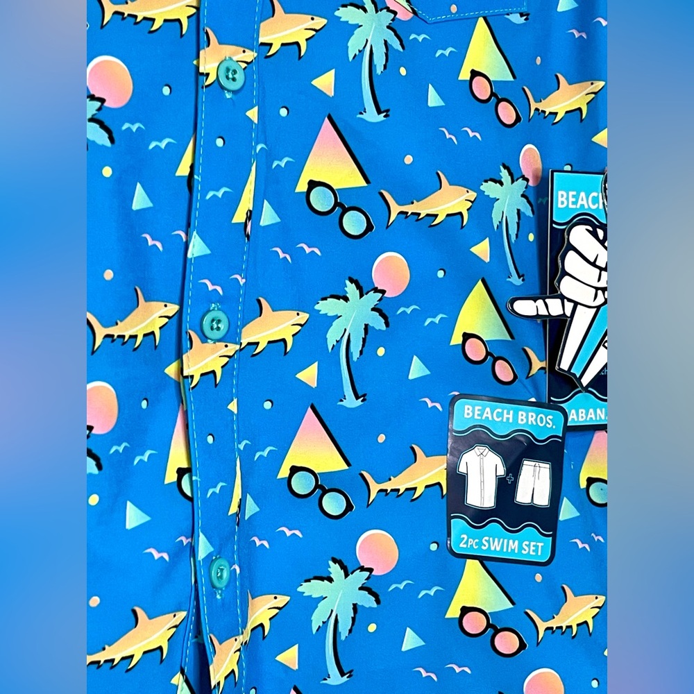 New boys beach outfit sharks and palm trees button up top with shorts - Picture 3 of 4